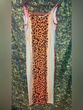 Orange Leopard-Print Maxi Dress with Mint Side Panels with Scarf